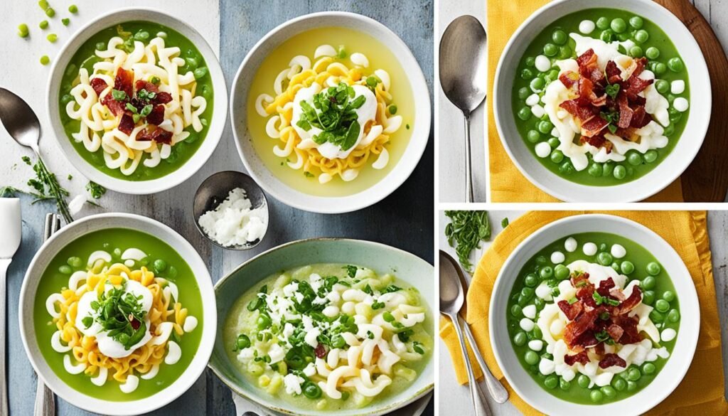 Variations of Pea Egg-Drop Macaroni Soup