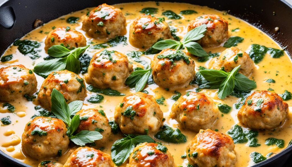 skillet of Chicken Piccata Meatballs simmering in sauce
