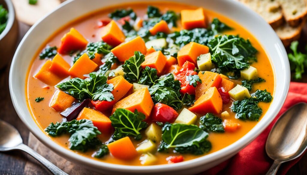 vegan minestrone soup with kale, zucchini, red pepper, and sweet potato