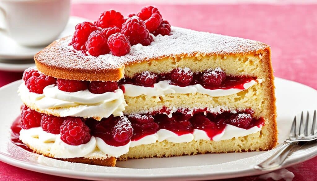 whipped cream and raspberry jam on a Victoria Sponge Cake