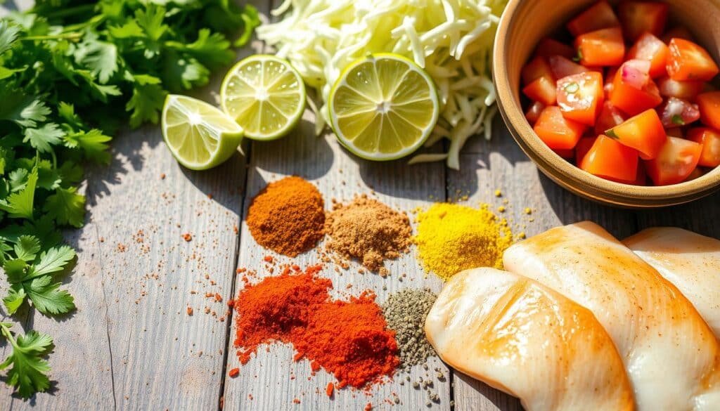 Mexican seasonings and fresh taco ingredients